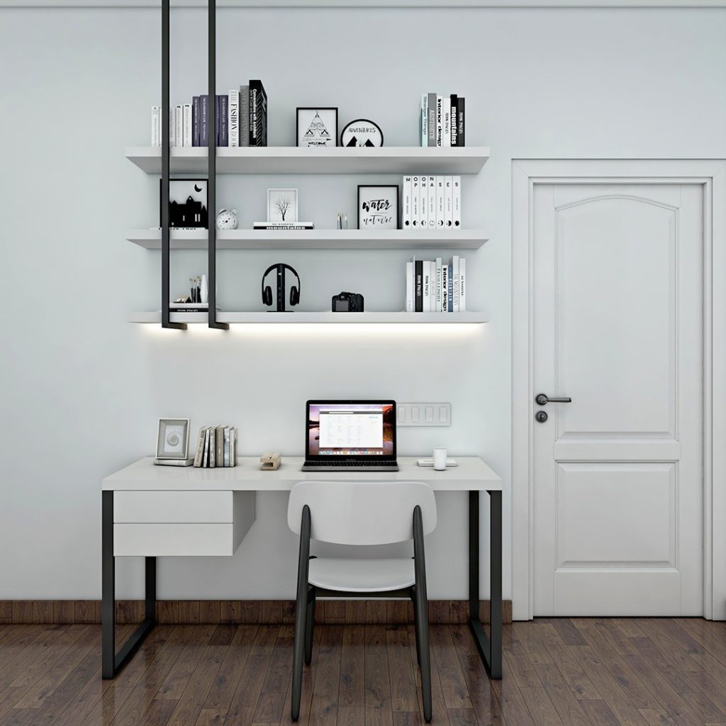 Floating shelf office with metal brackets and white desk
