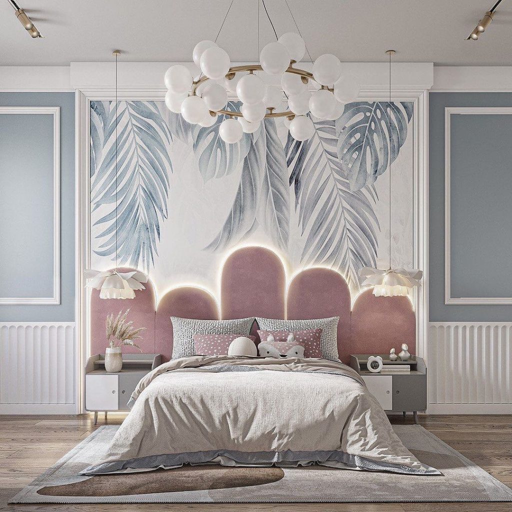 Whimsical bedroom with bubble chandelier and tropical palm mural