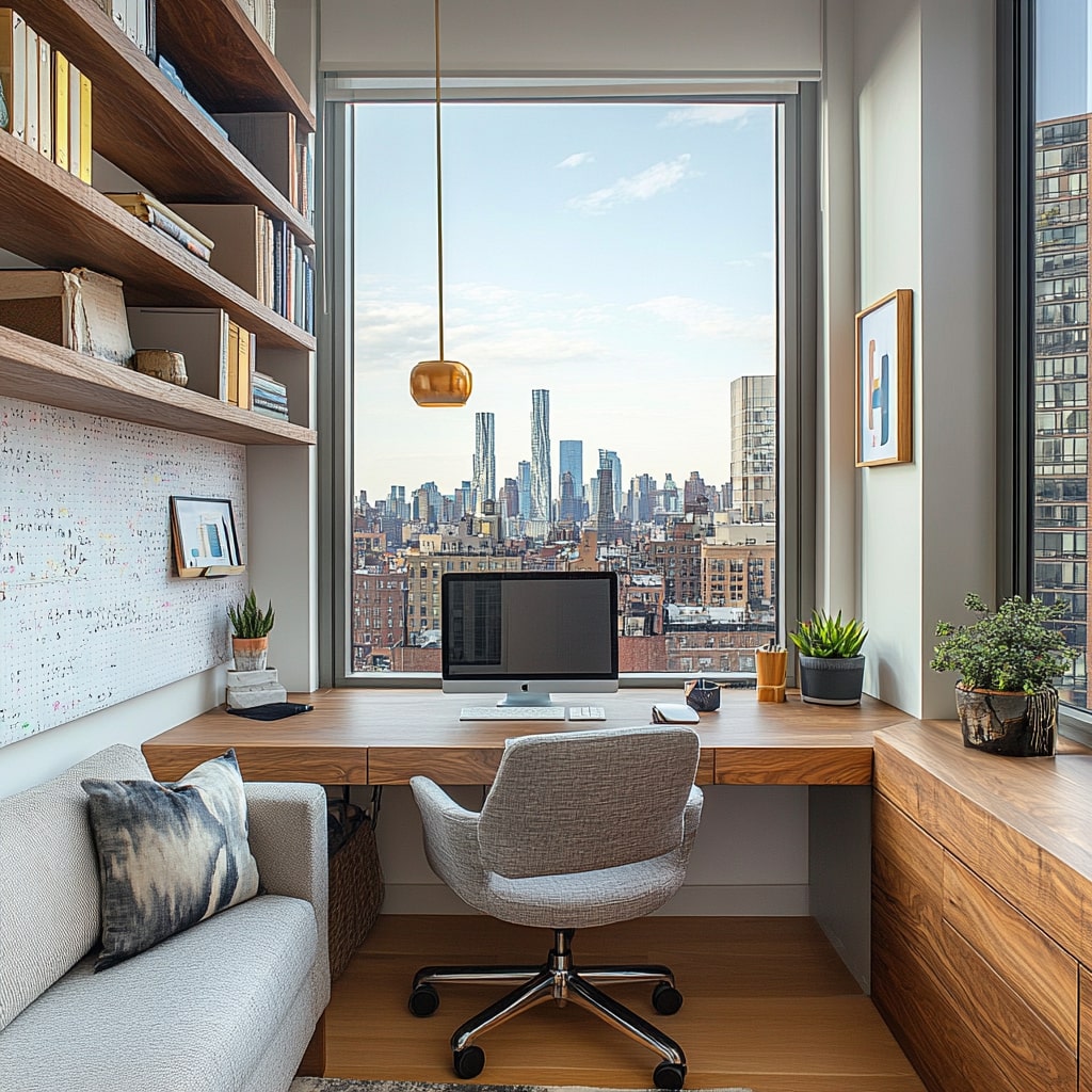 Modern home office with city skyline views, walnut desk, and floating shelves