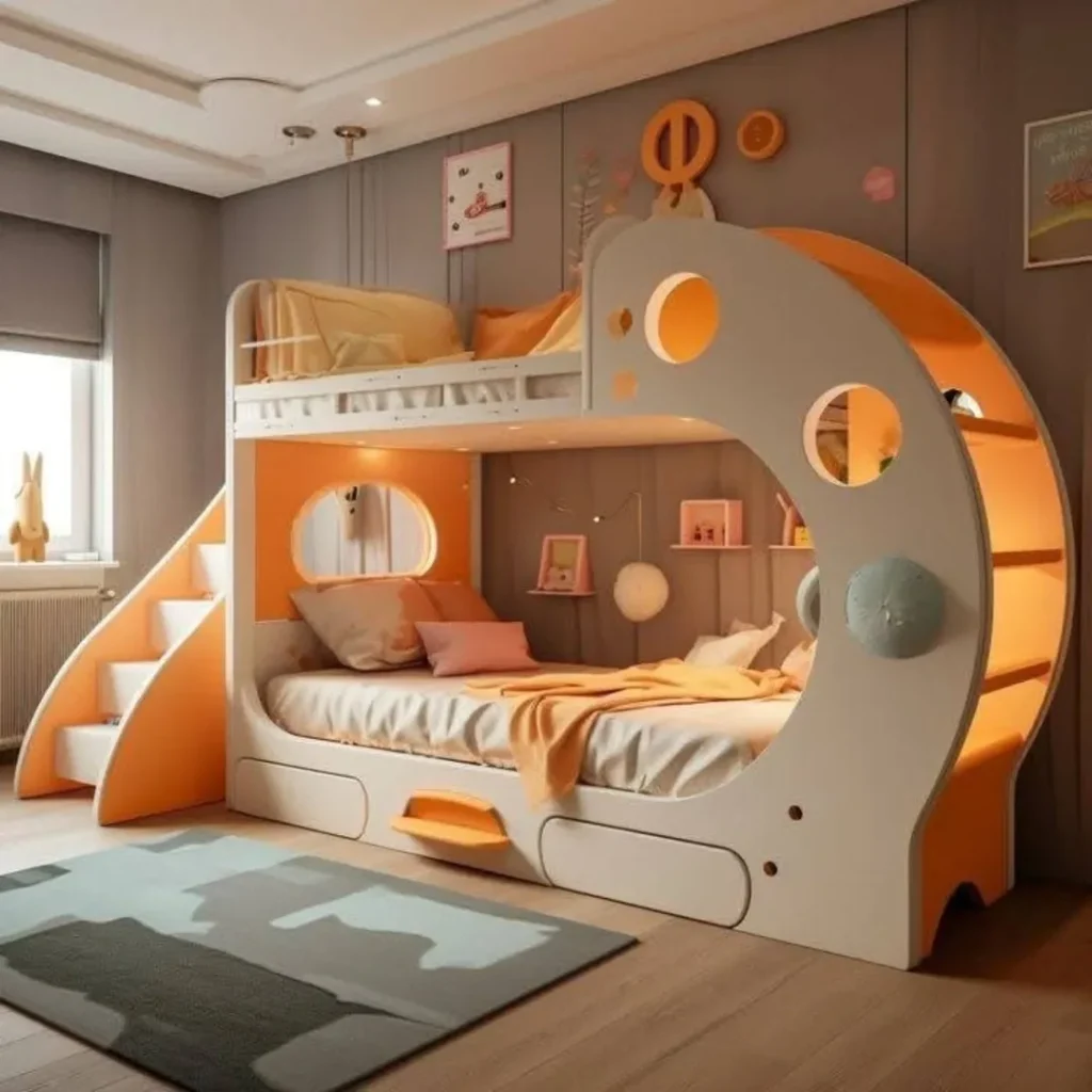 Orange futuristic bunk bed with circular windows and space theme