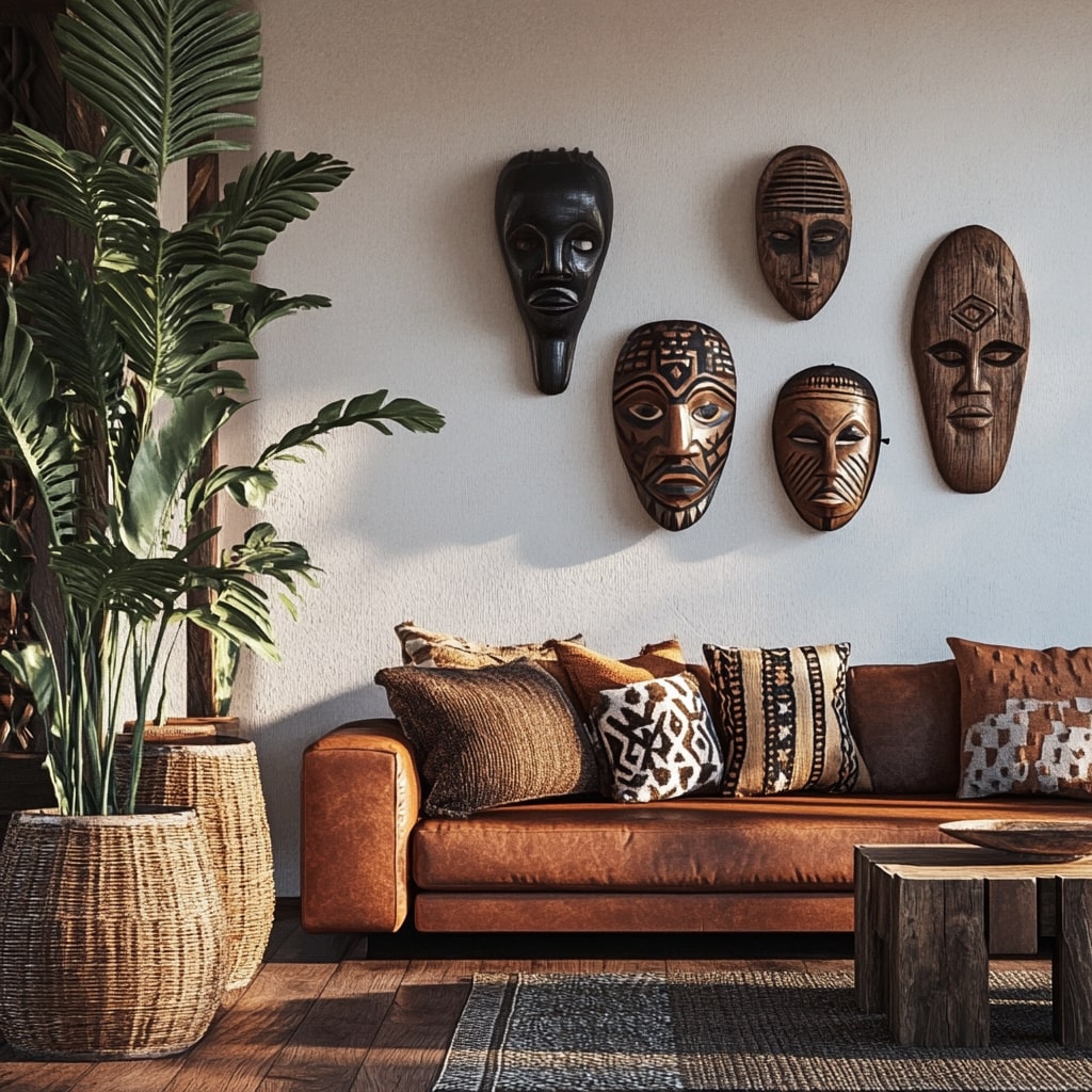 Living room with African masks, leather sofa, and global decor elements