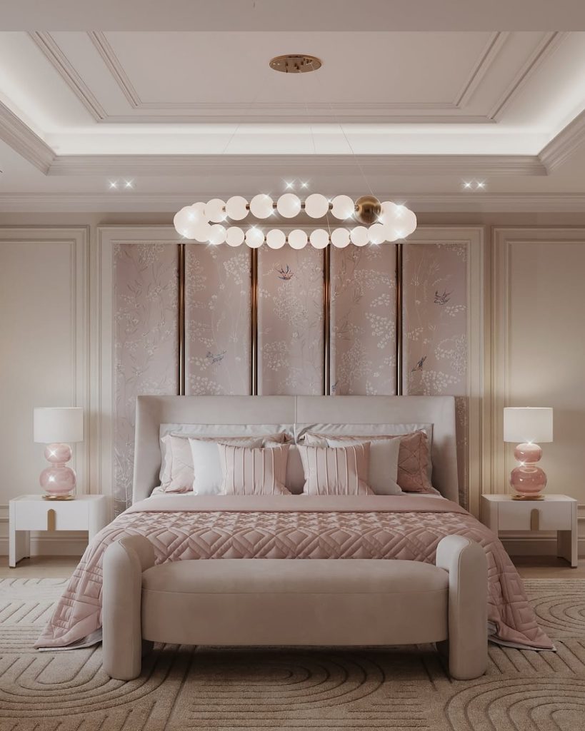 Sophisticated pink bedroom with linear lighting and floral wallpaper
