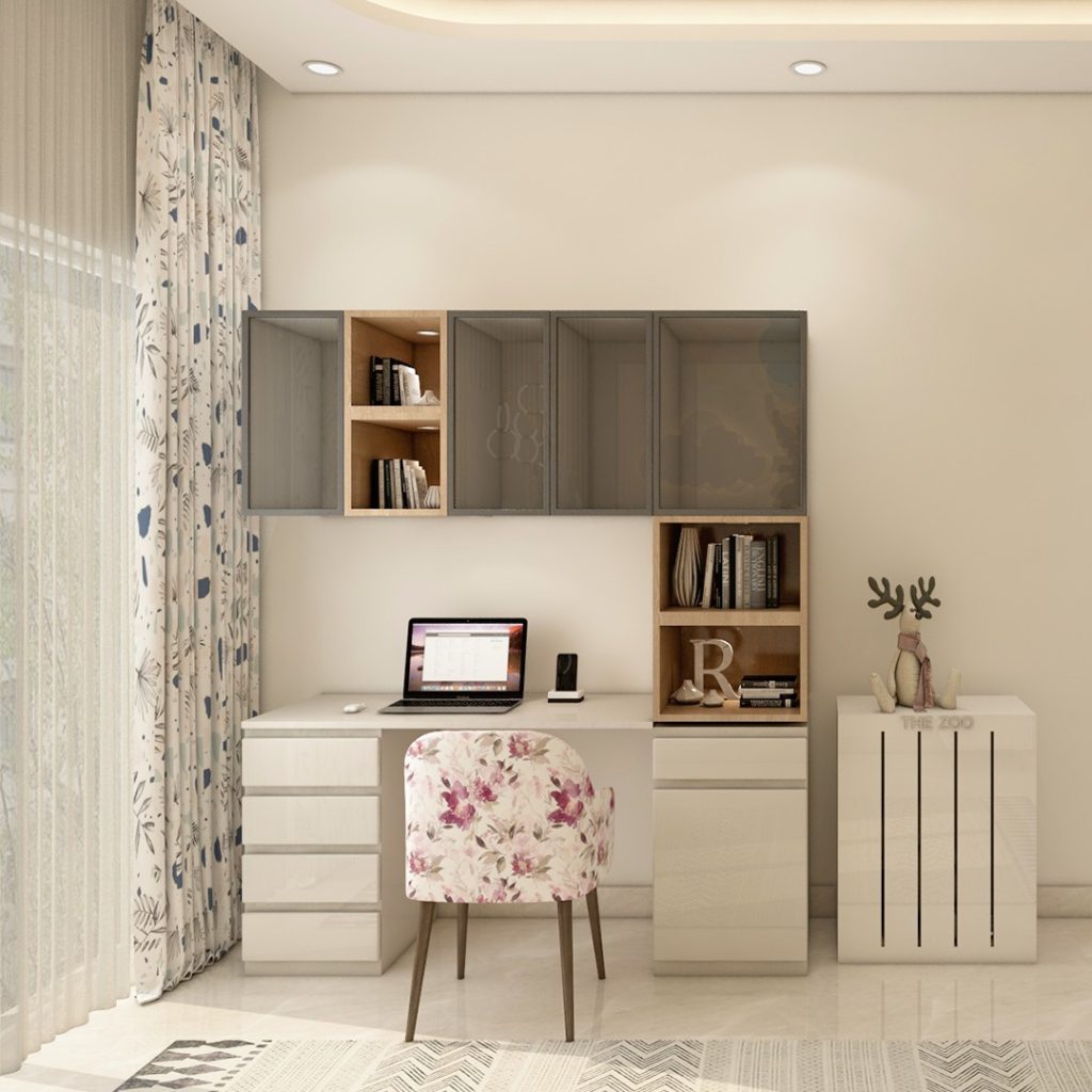 Feminine study corner with floral chair and built-in desk