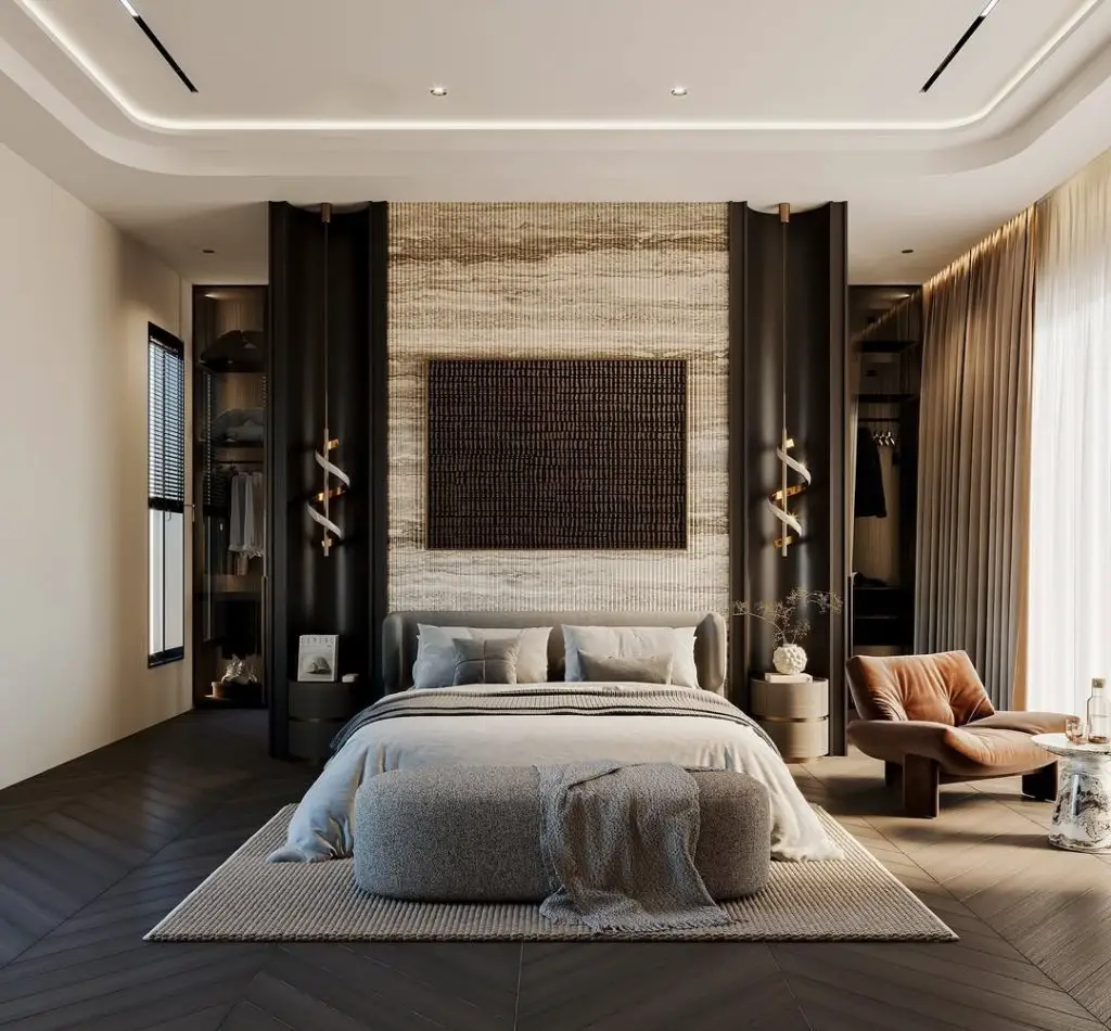 Bedroom with mosaic tile wall dark glass wardrobes