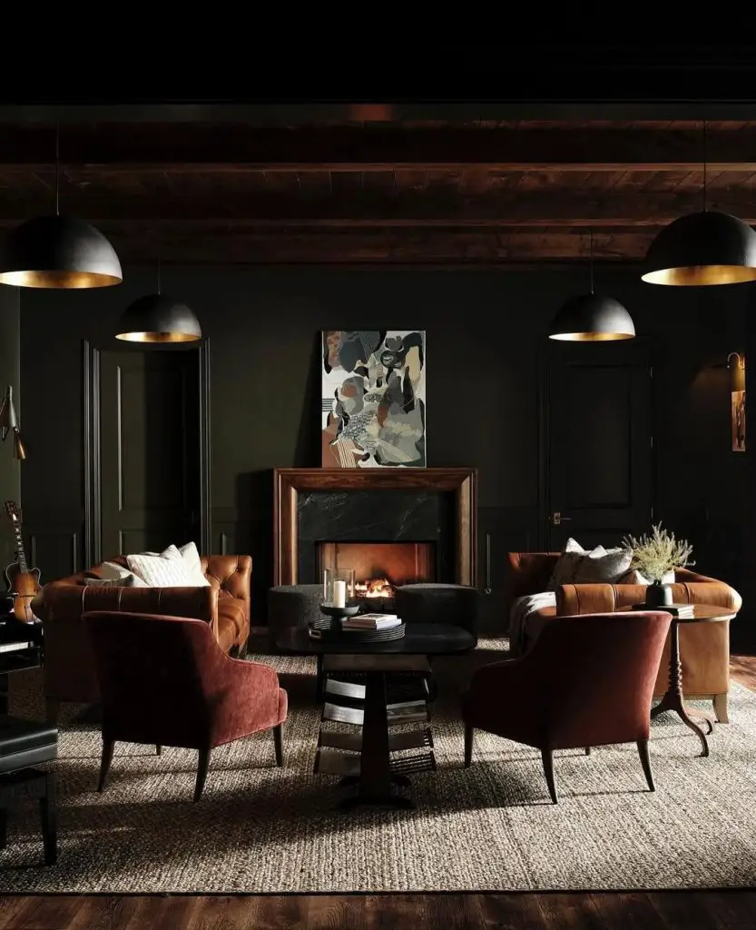 Rustic luxe lounge with exposed beams and rich color palette