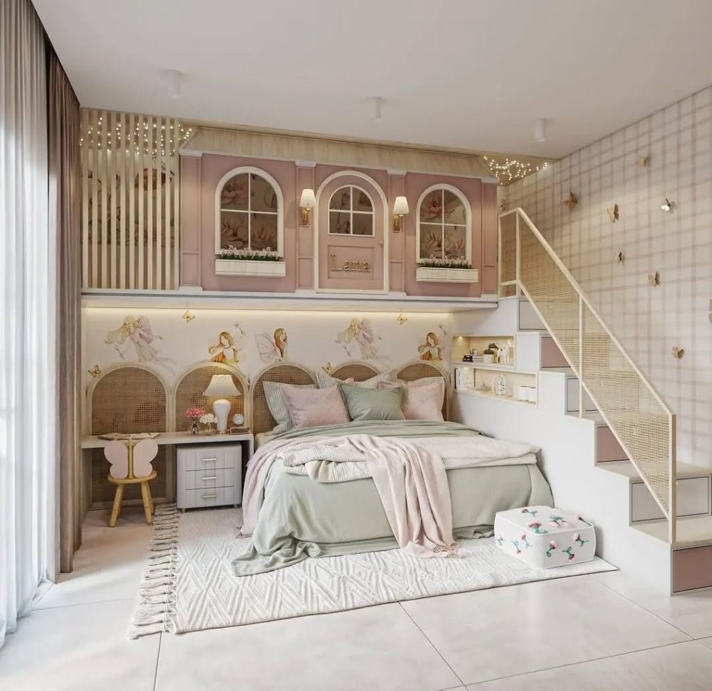 Pink fairy tale castle loft bed with arched windows and princess theme
