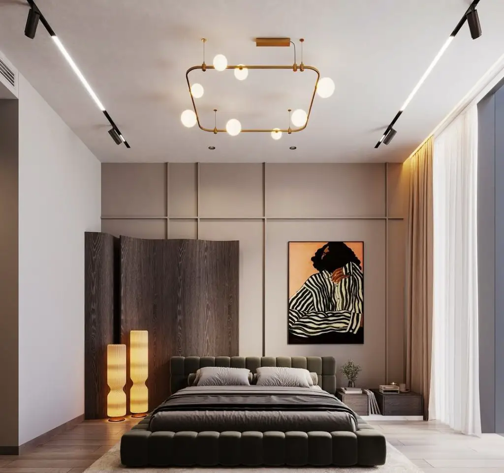 Bedroom with geometric chandelier tufted headboard wood paneling