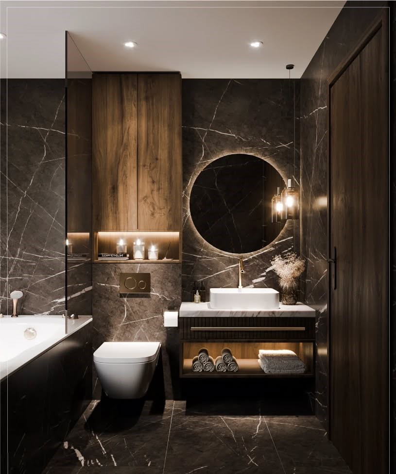 Luxury bathroom with marble walls and wood storage vanity