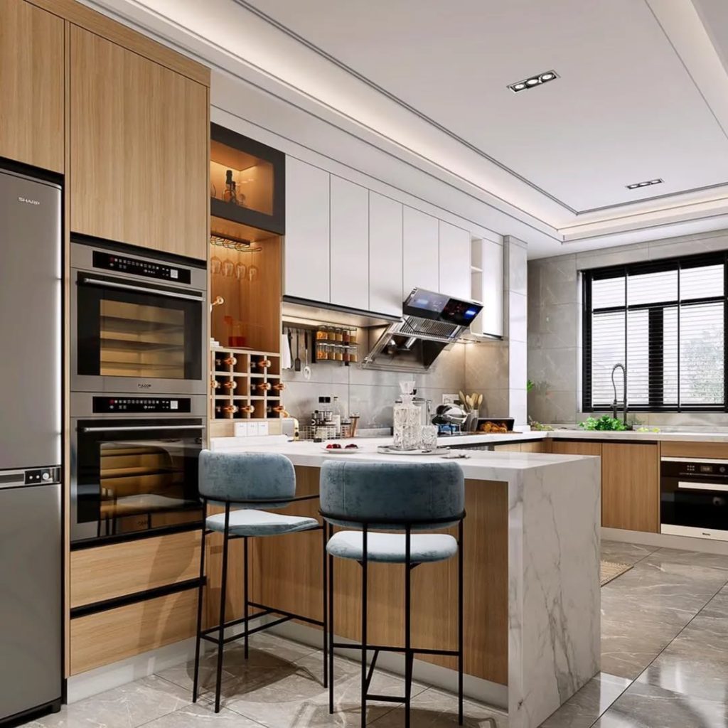 Luxury kitchen with marble island, wine storage, and velvet stools