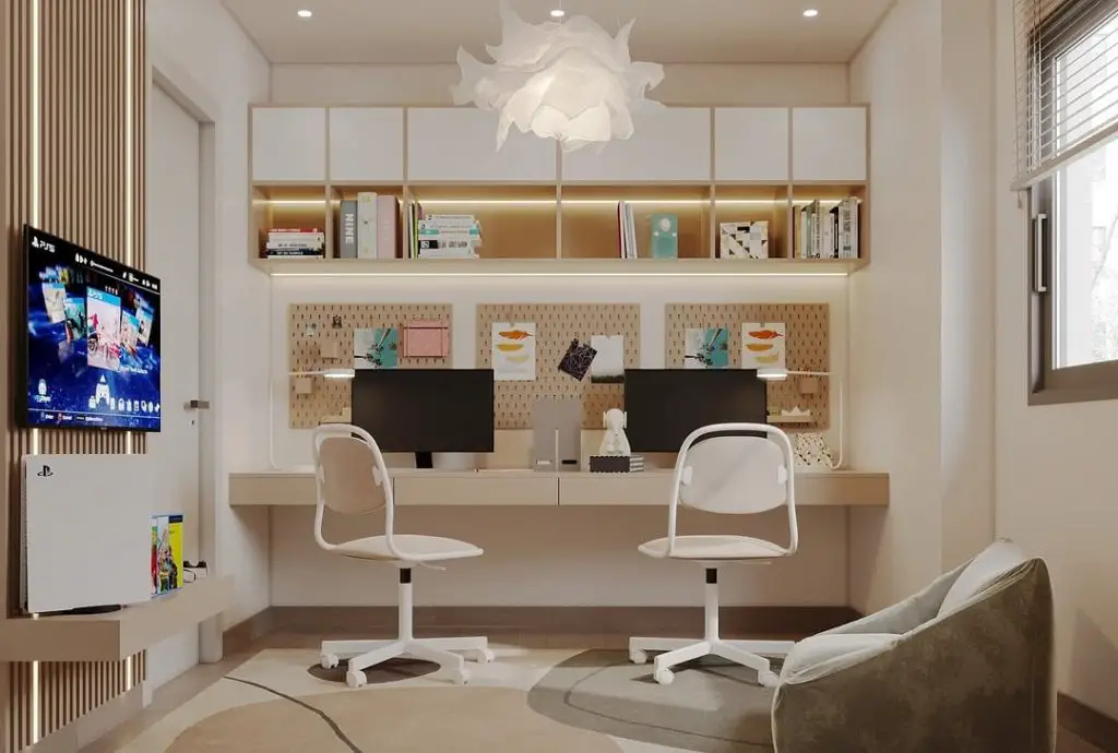 Teen study room with gaming setup and lounge seating