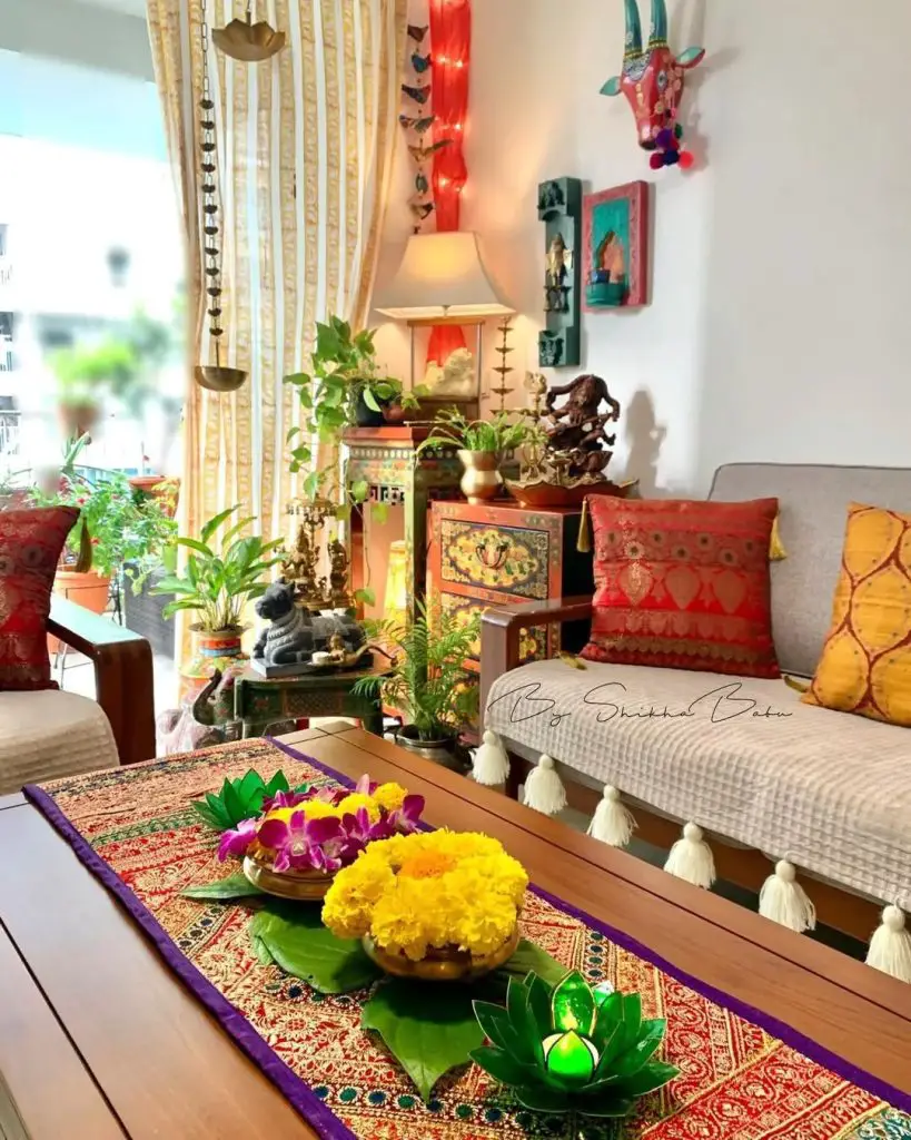 Colorful Indian festival corner with marigold flowers and traditional decor