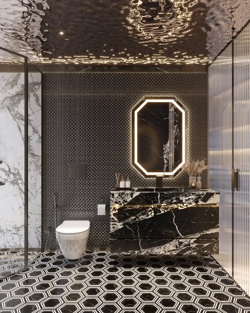 Modern bathroom with geometric patterns and octagonal mirror design