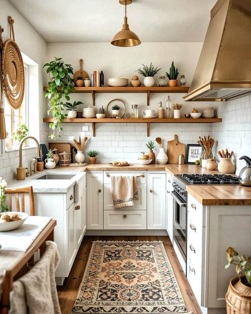 Bohemian kitchen with open shelving, plants, and vintage rug