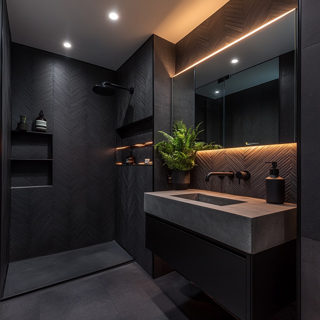 Modern black bathroom with herringbone tiles and concrete vanity