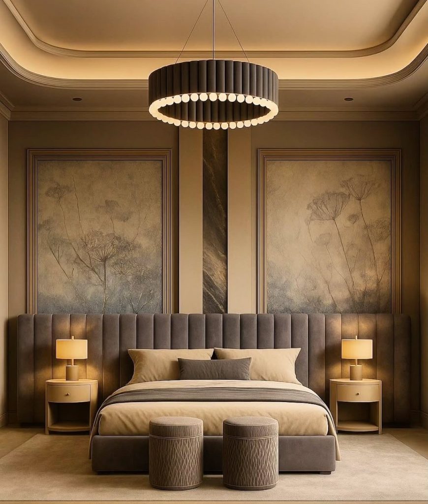 Modern bedroom with circular ceiling feature and stone walls