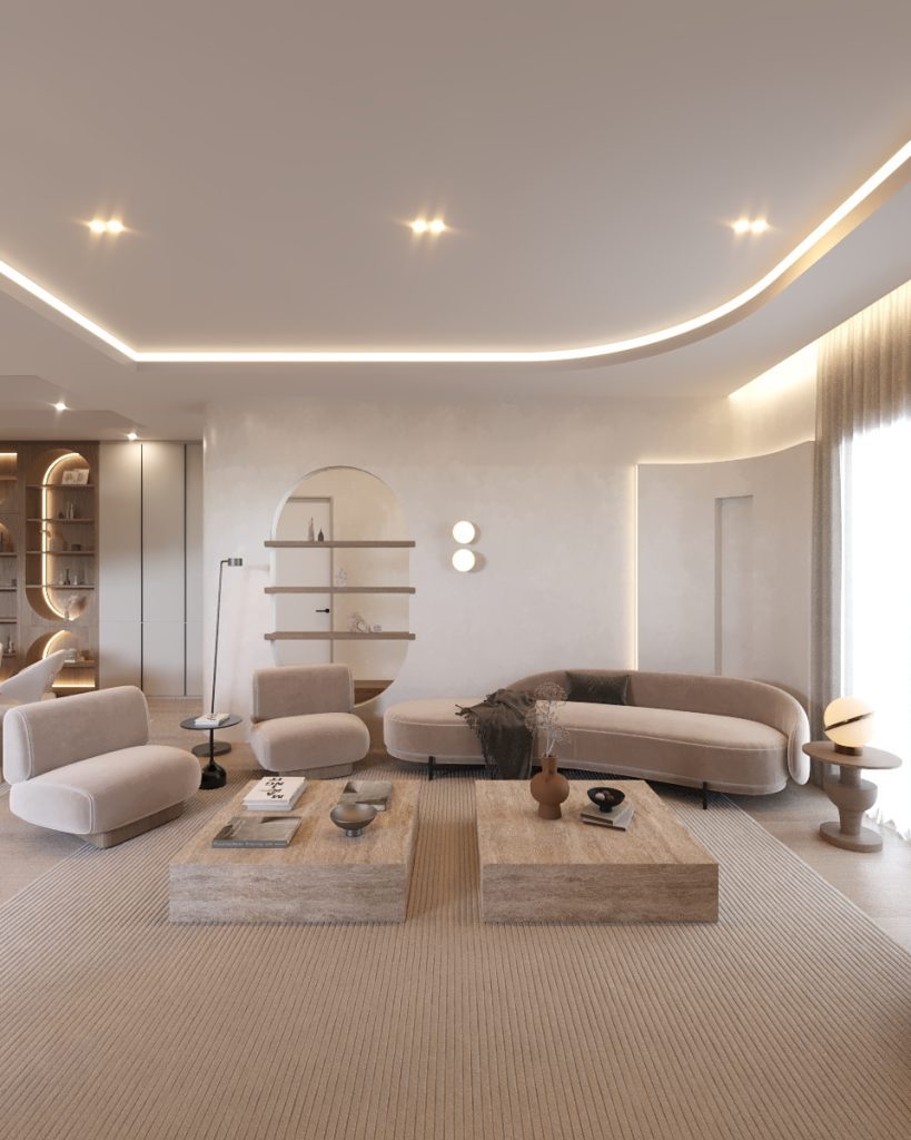 Modern curved sofa with wooden coffee table and warm lighting