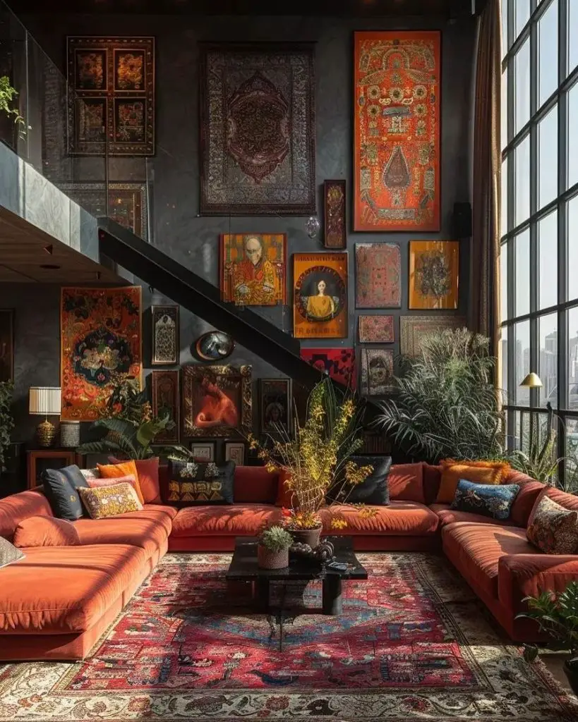 Orange sofa with extensive wall art, colorful tapestries, layered rugs