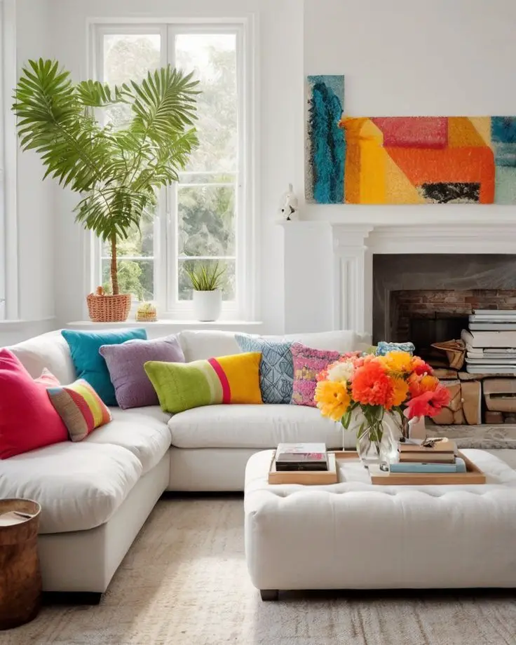 White sectional sofa with colorful rainbow throw pillows and flowers