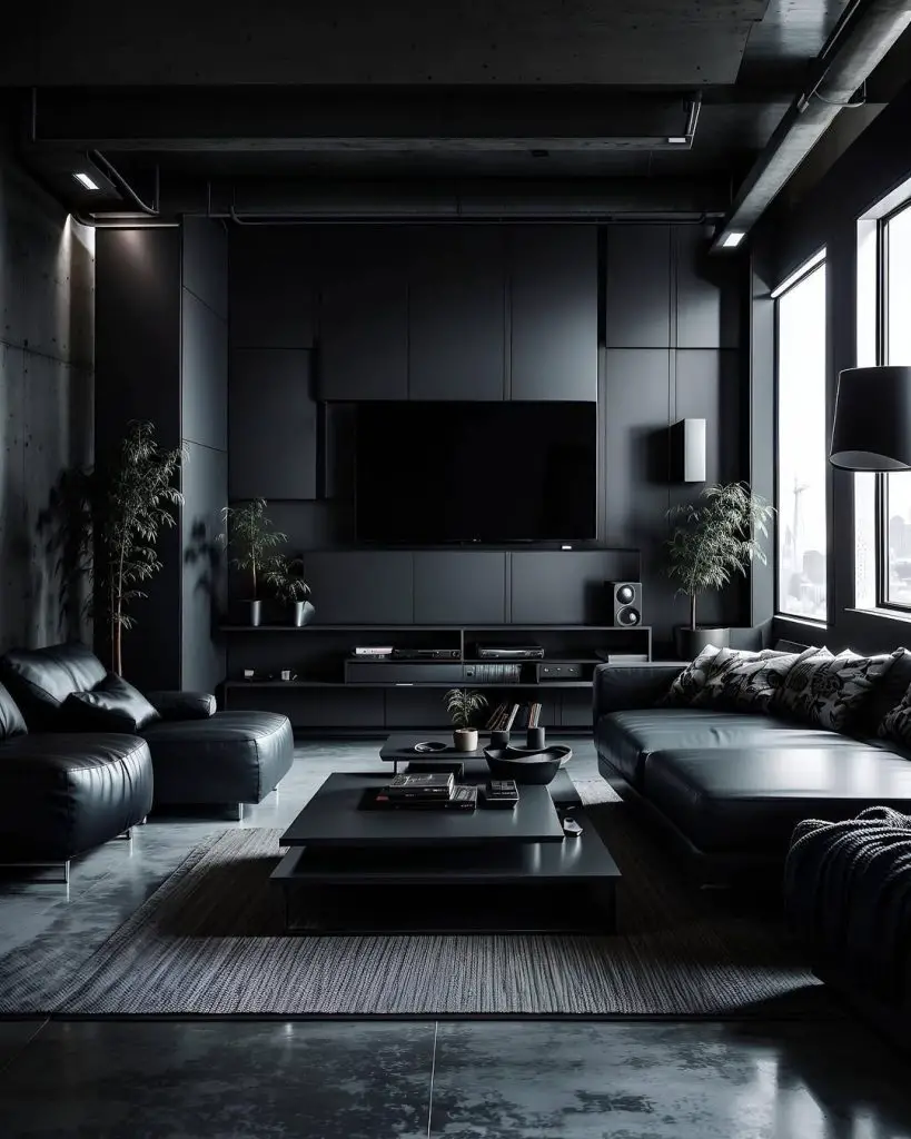 Modern black living room with built-in entertainment center