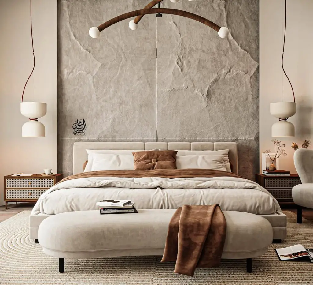 Bedroom with natural stone wall curved wooden lighting