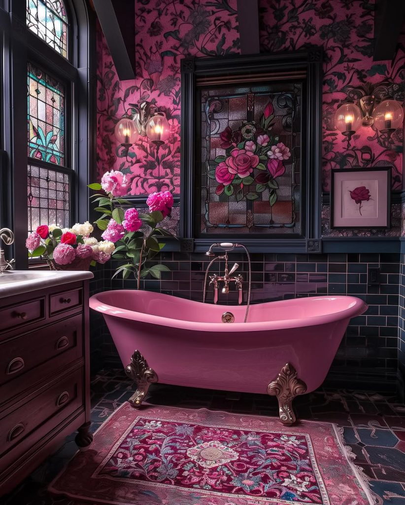 Ornate pink bathroom with clawfoot tub and floral wallpaper