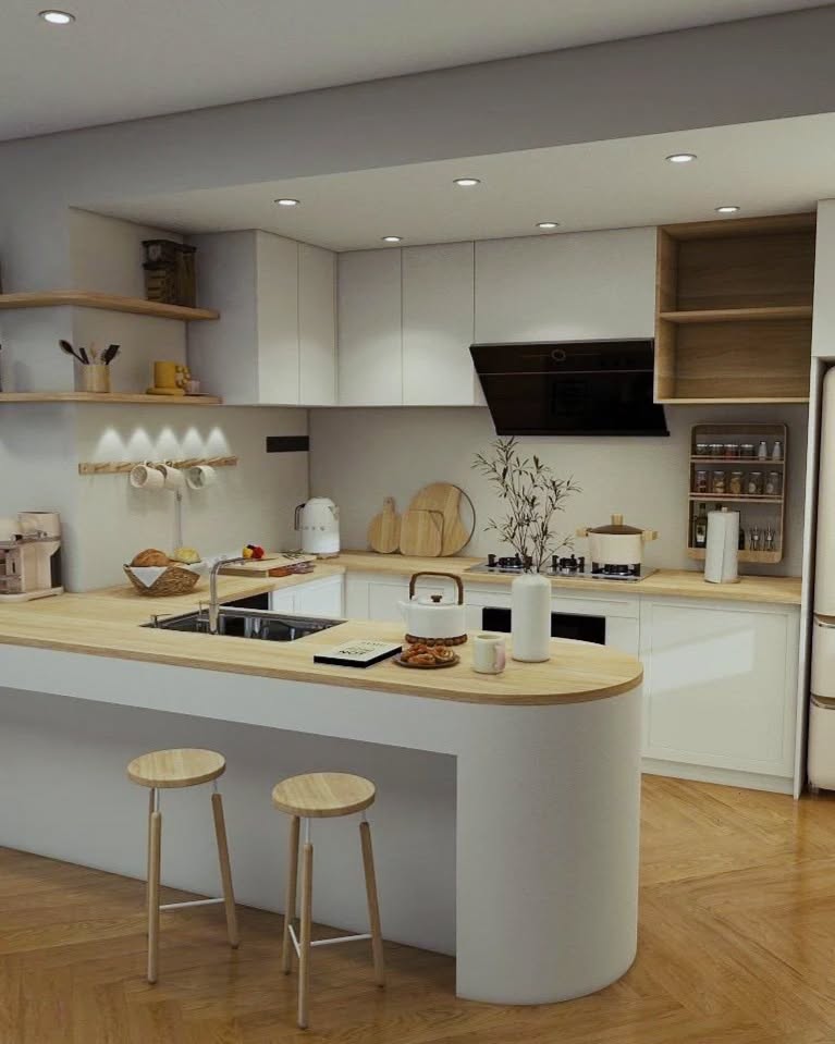 Modern kitchen with curved peninsula and handleless white cabinets