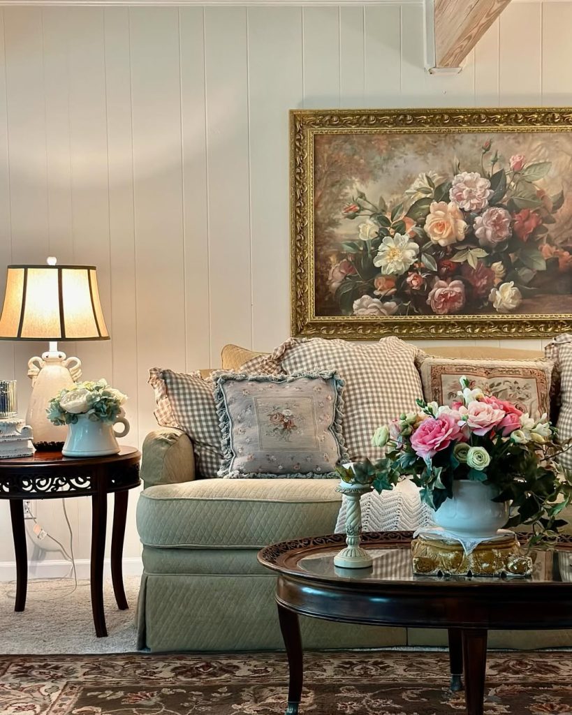 Elegant traditional room with large floral painting, sage green chair, gingham pillows, and blue pottery vases