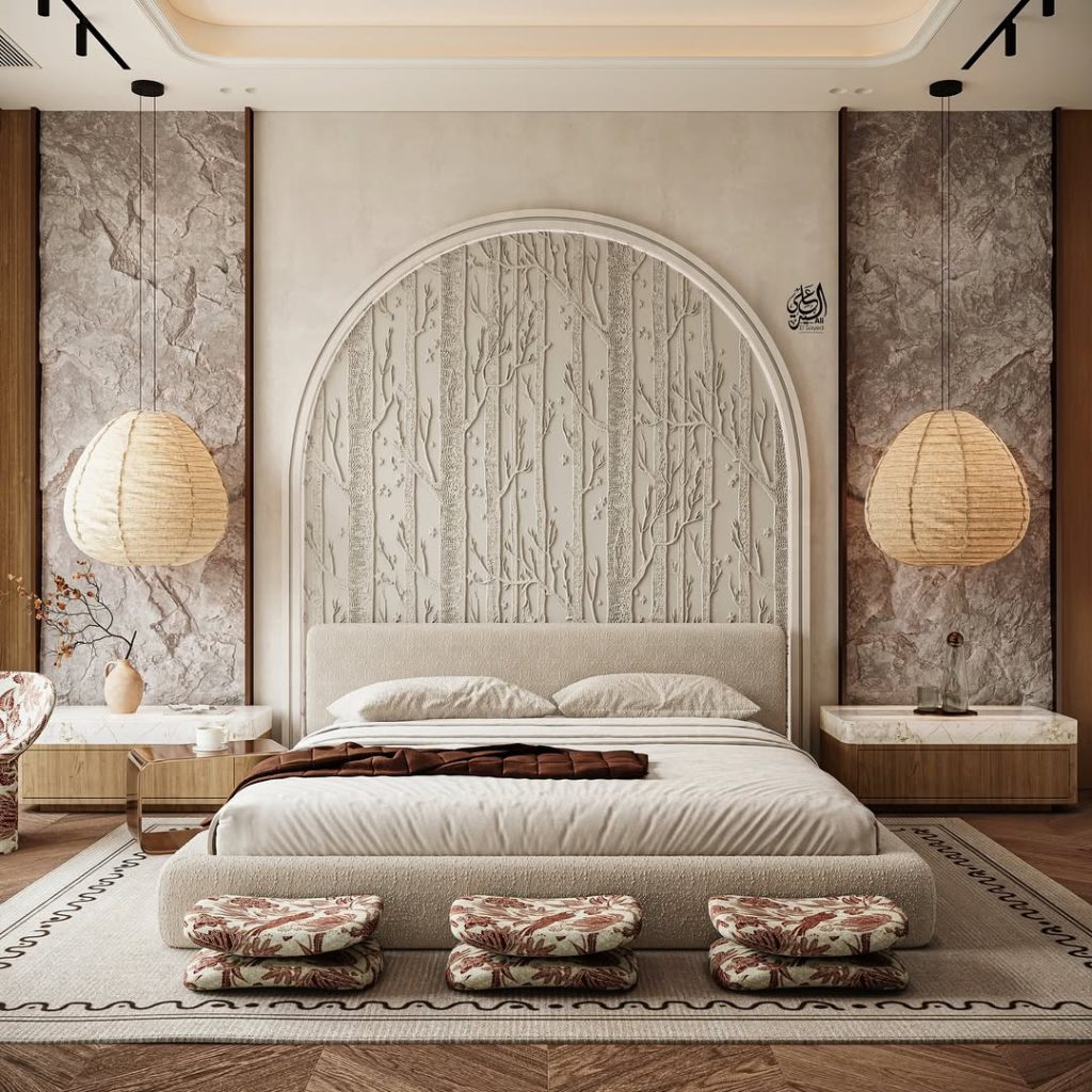 Bedroom featuring arched headboard with tree pattern design