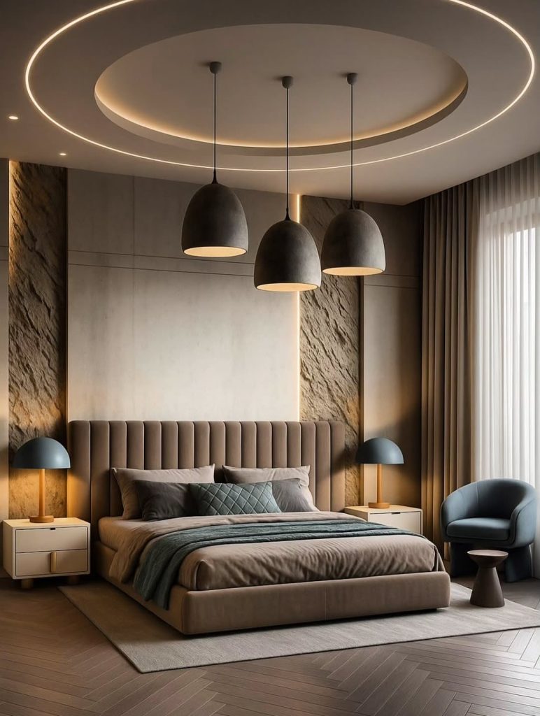 Serene bedroom with glass bubble chandelier and botanical art