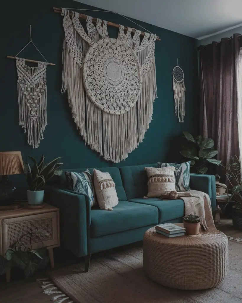 Teal sofa with macrame wall hangings, plants, bohemian textiles