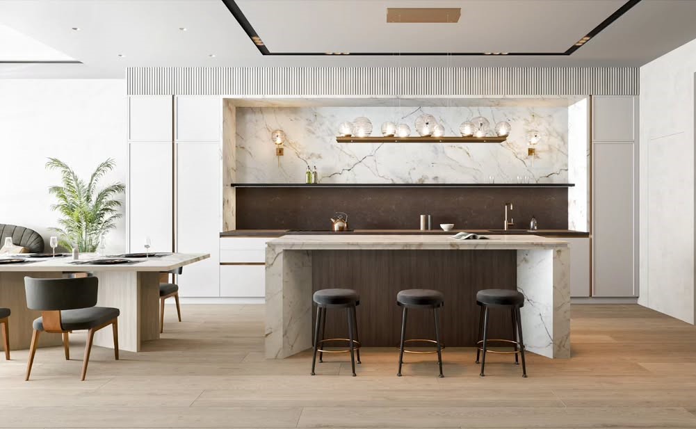 Luxury kitchen with marble waterfall island, wood details, recessed lighting, modern stools