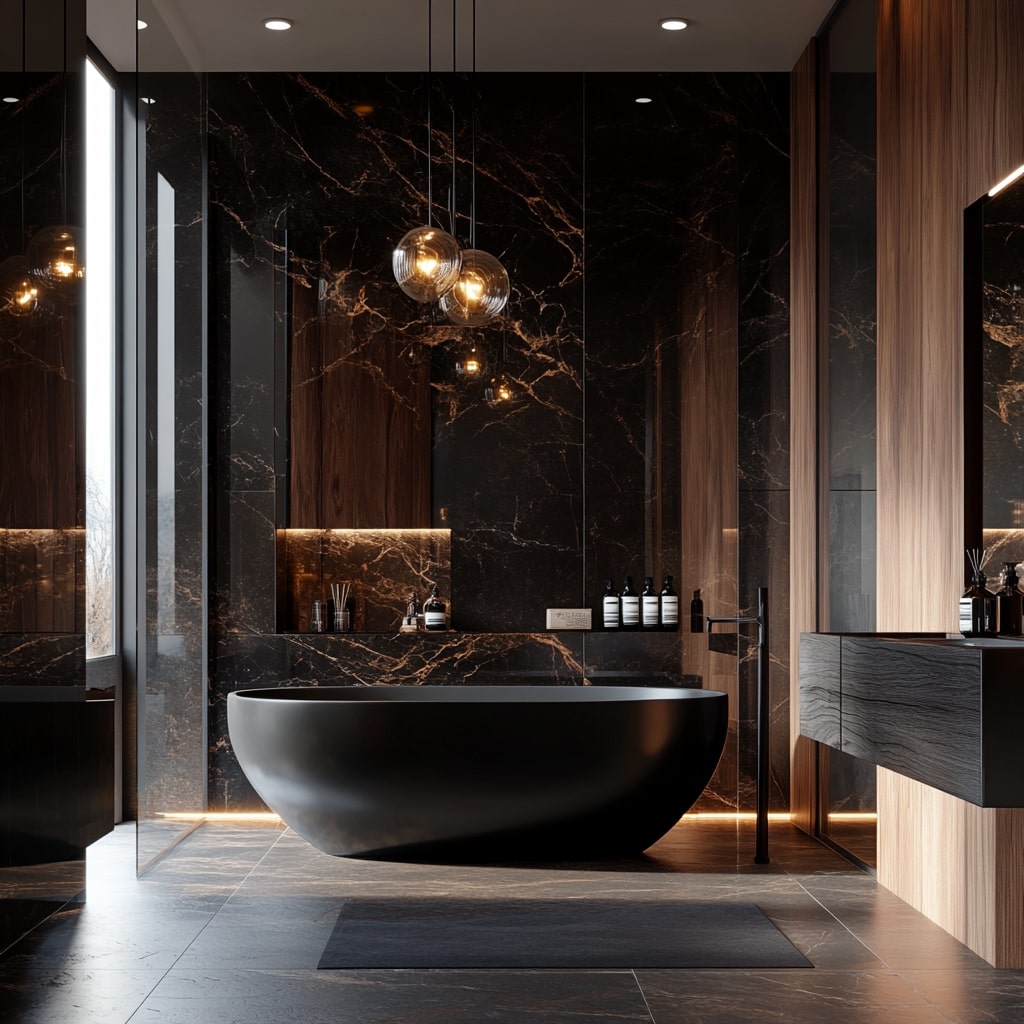 Luxury bathroom with black marble walls and freestanding tub