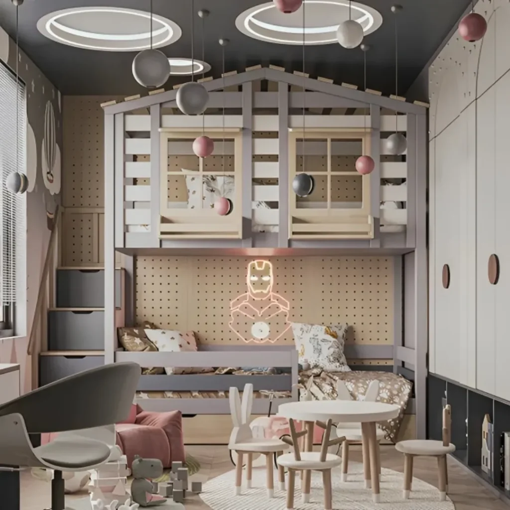 Modern treehouse style kids bedroom with house shaped loft bed