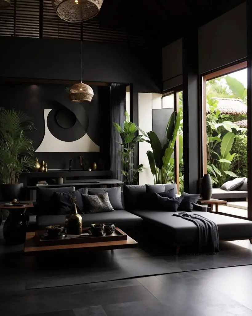Modern tropical living room with woven lights and plants