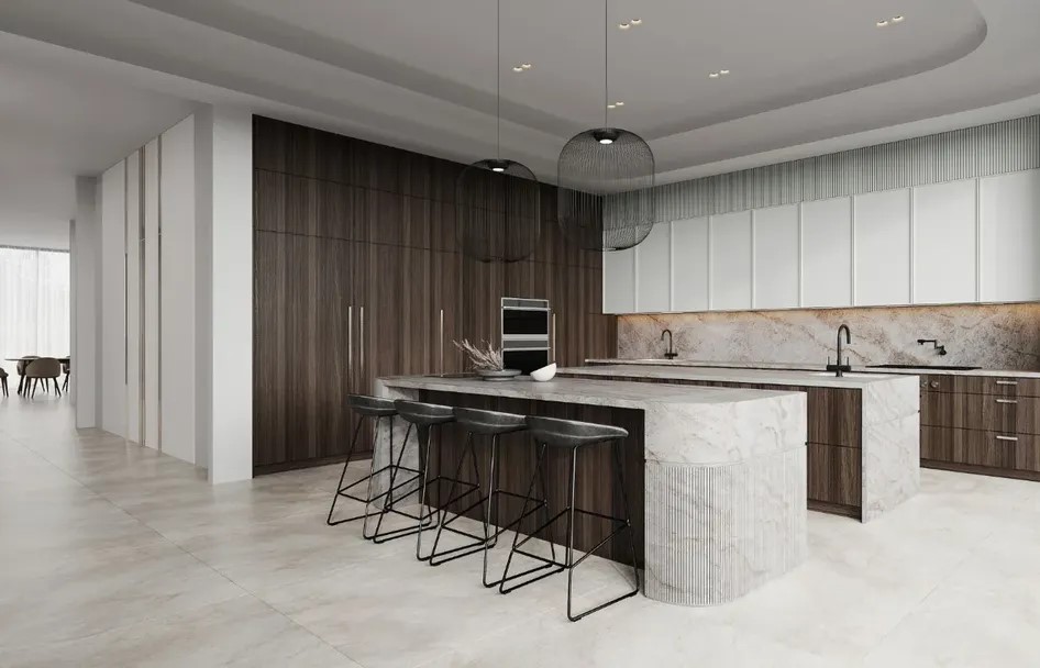 Modern kitchen with wire bar stools, marble island, dark cabinets, mesh pendant lights