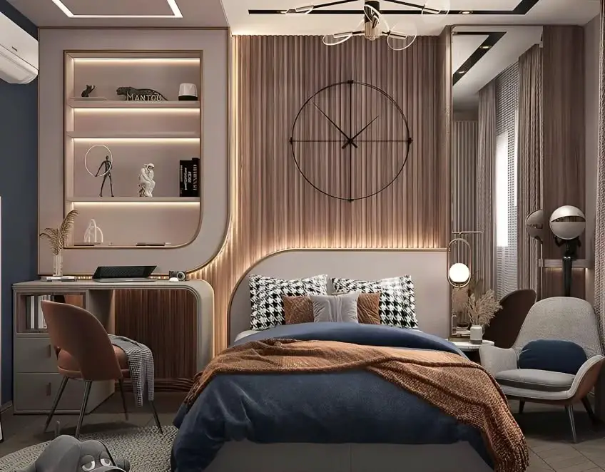 Modern bedroom with wood paneling and blue bedding accents