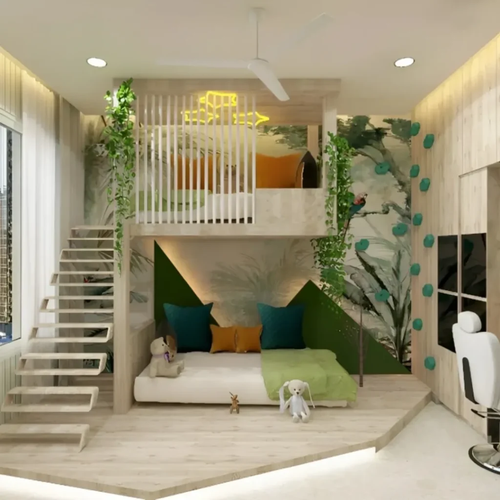 Nature inspired kids room with plants and green mountain backdrop