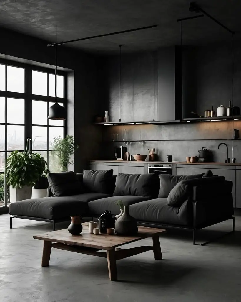 Open concept kitchen living room with concrete and steel finishes