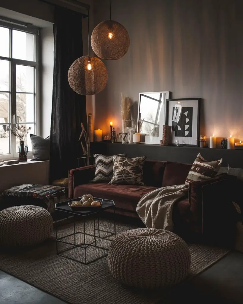 Brown leather sofa with woven pendant lights, candles, neutral tones