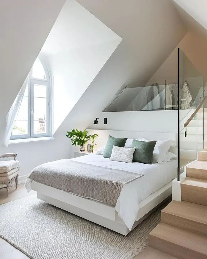 Loft bedroom with slanted ceiling glass partition stairs