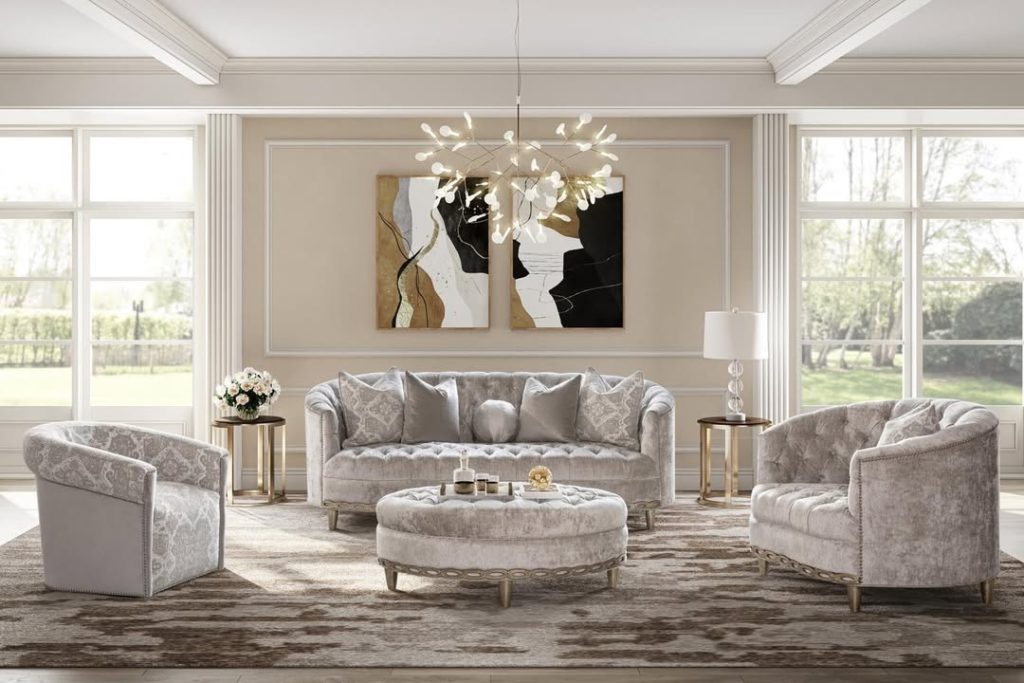 Traditional tufted sofa set with patterned upholstery and natural lighting