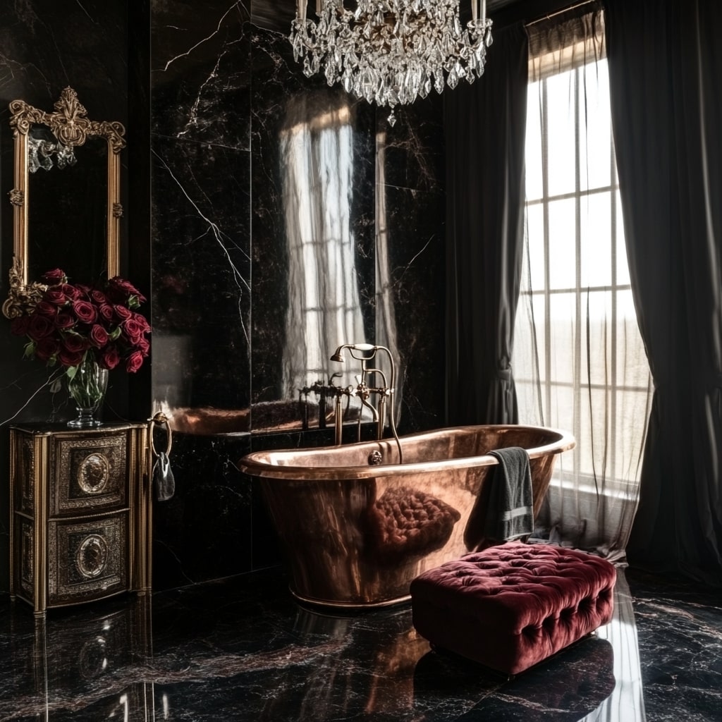 Elegant bathroom with copper tub and crystal chandelier
