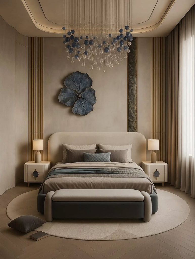 Minimalist bedroom with illuminated circular headboard and wood floors