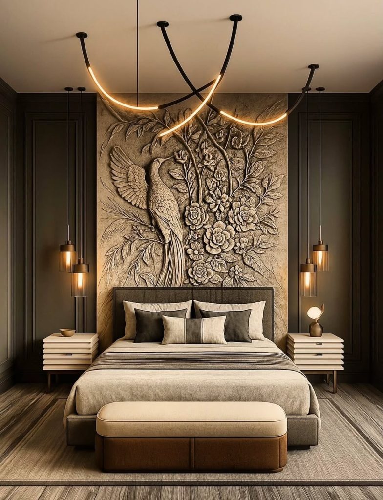 Luxury bedroom with carved wall relief and curved lighting