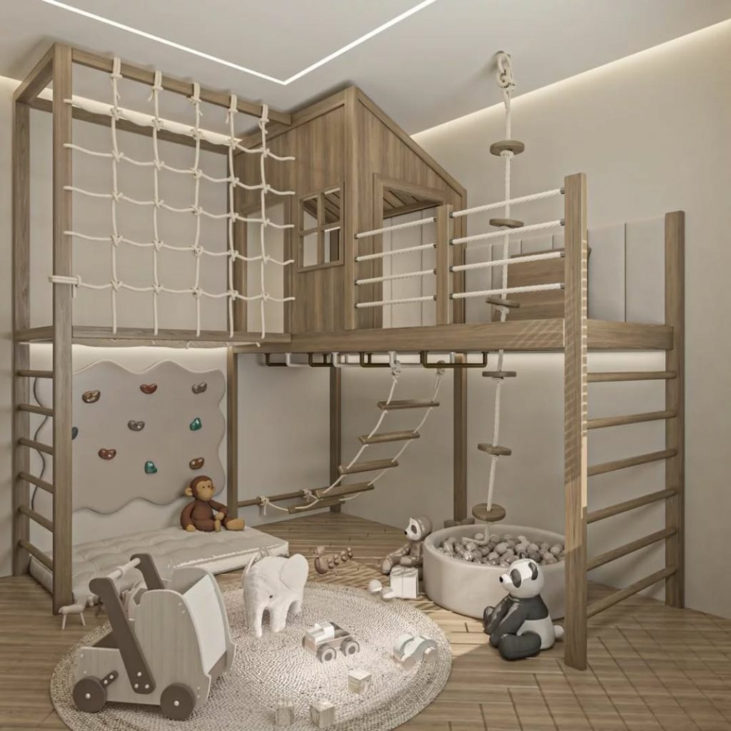 Kids adventure bedroom with climbing nets and wooden fortress structure