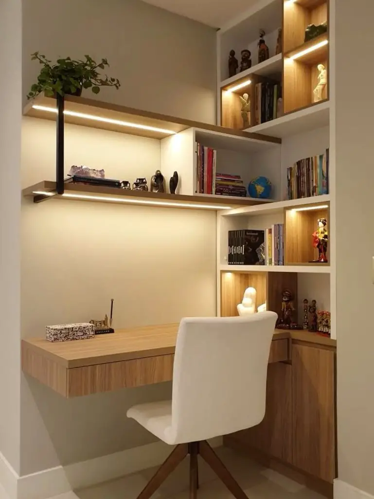 Corner study with floating wooden desk and lighting