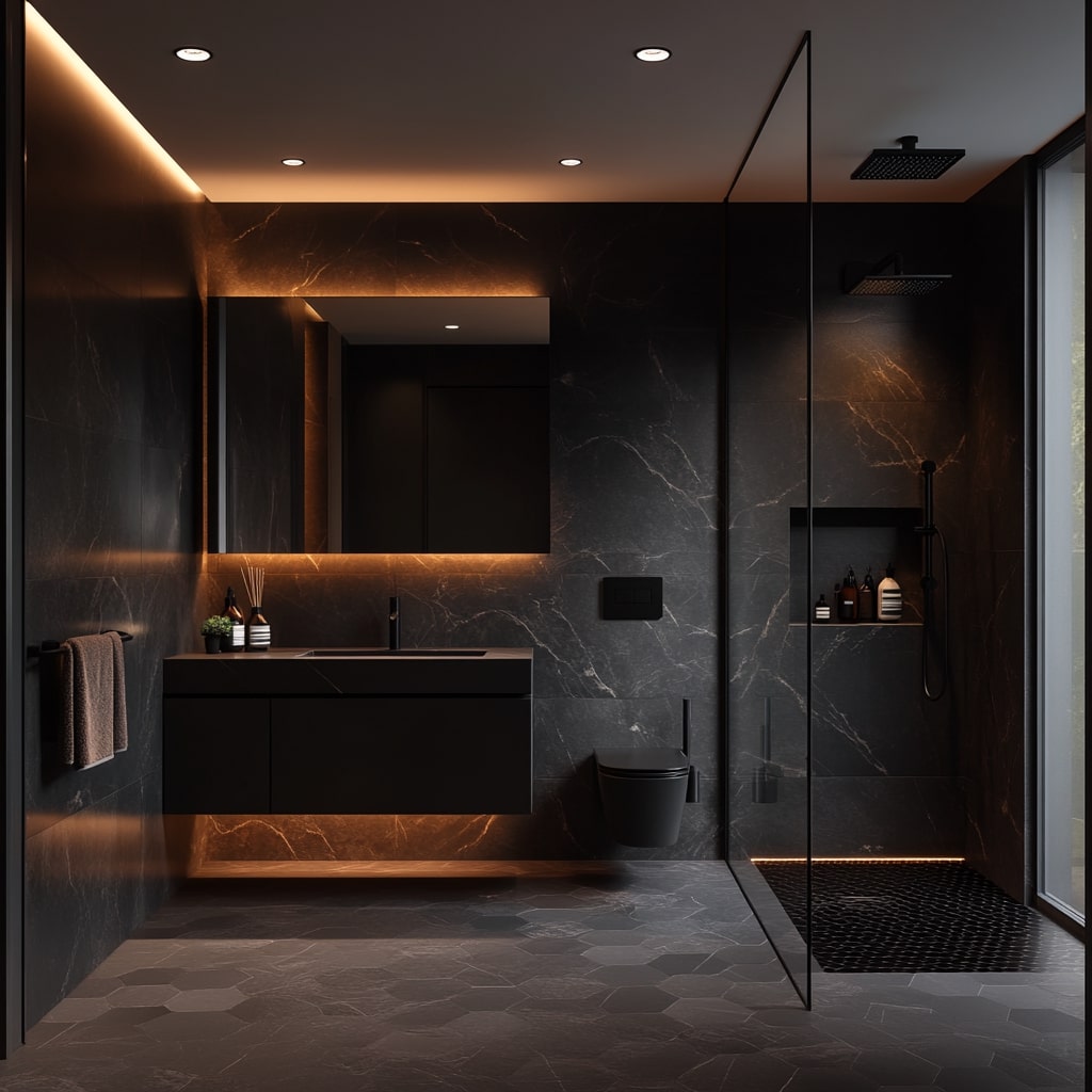 Modern dark bathroom with marble walls and glass shower