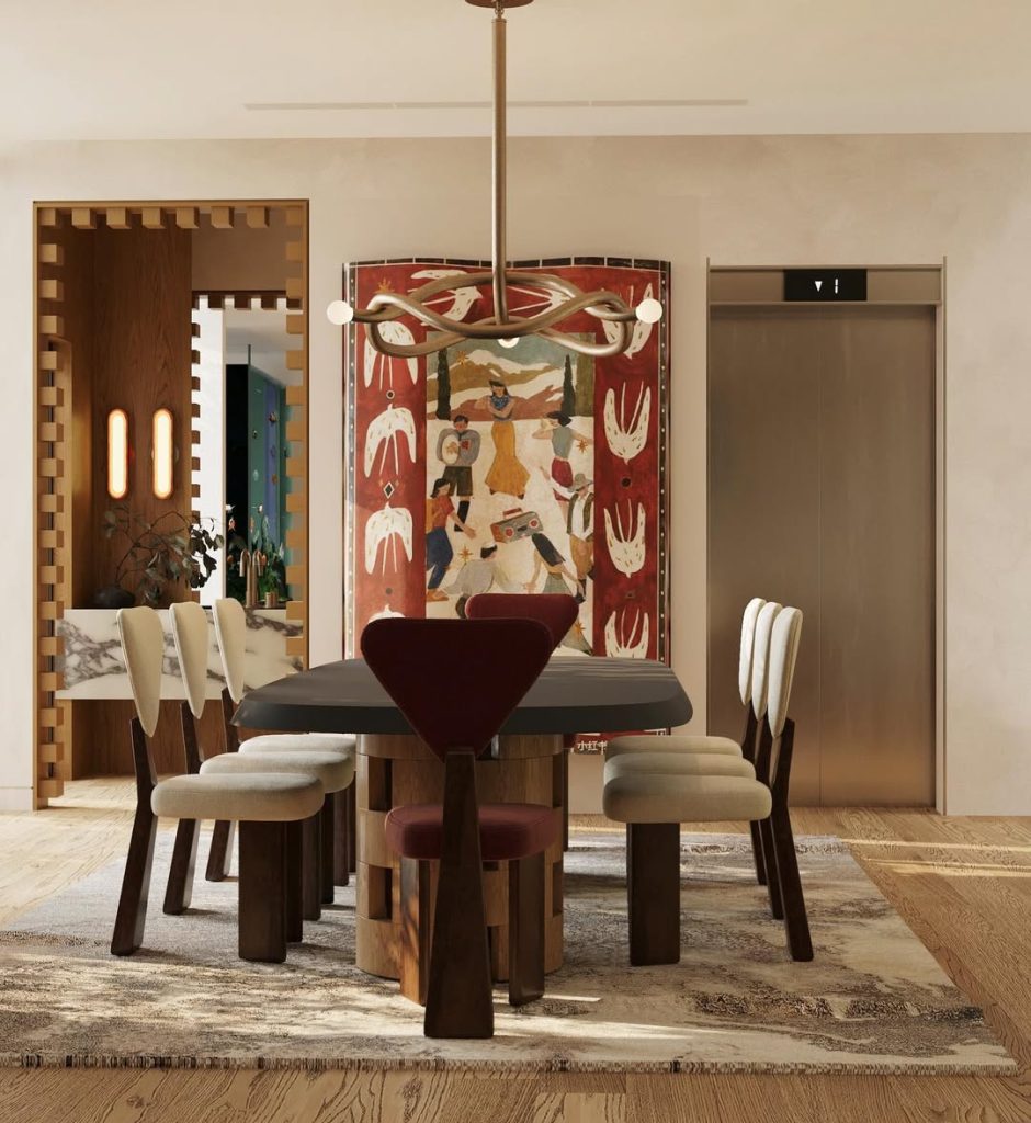 Dining room featuring large artistic tapestry and modern furniture