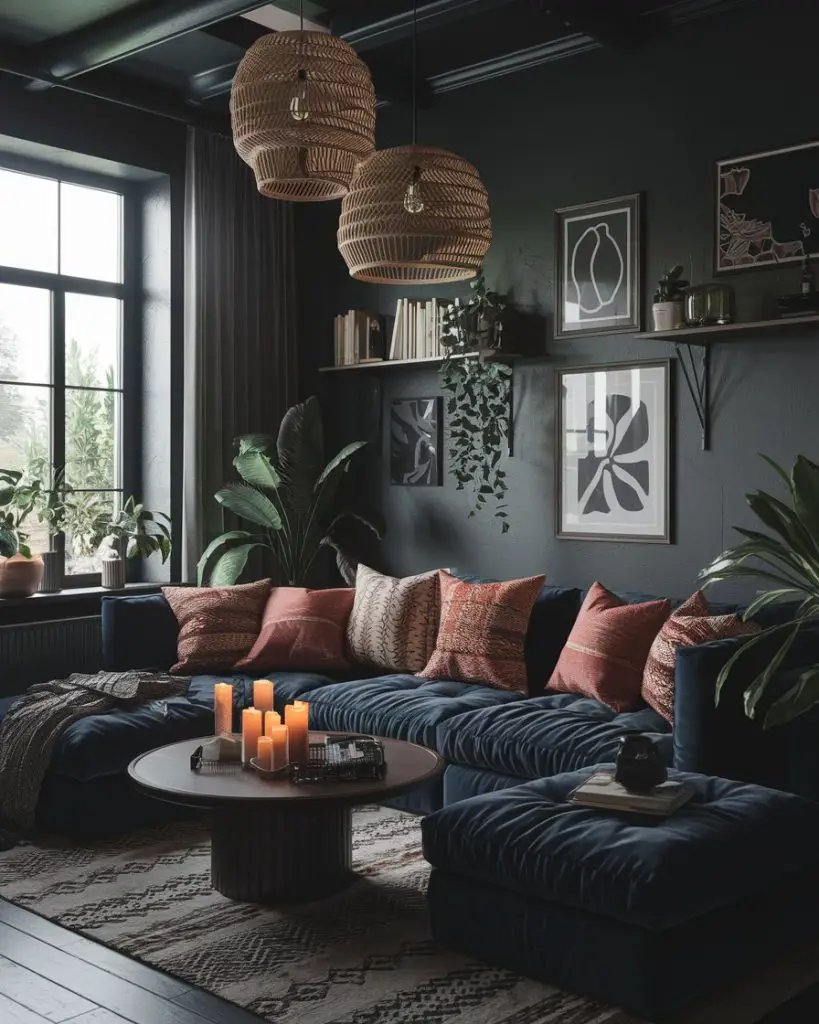 Navy sectional with woven pendant lights, warm pillows, candlelit atmosphere