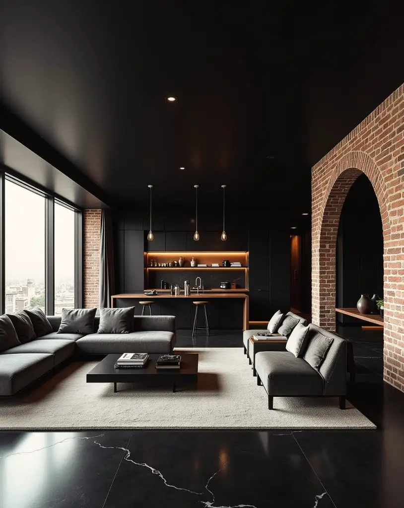 Earthy modern lounge with warm neutrals and natural wood